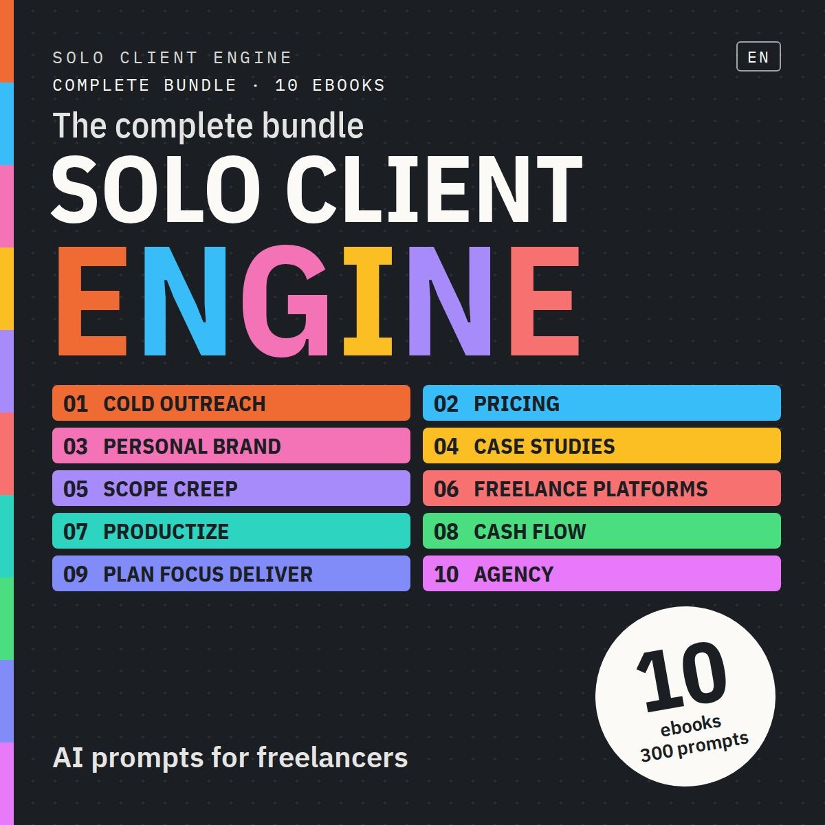 Solo Client Engine, the complete bundle: the ten ebook titles, 300 prompts.