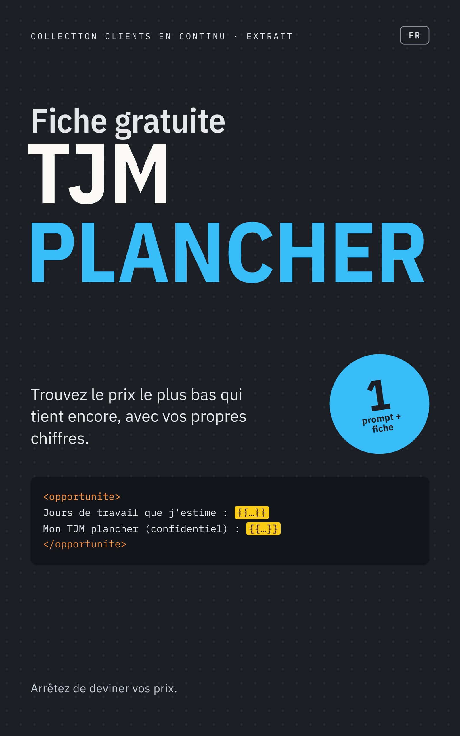Couverture de la Fiche TJM plancher gratuite Solo Client Engine : 1 prompt et une fiche