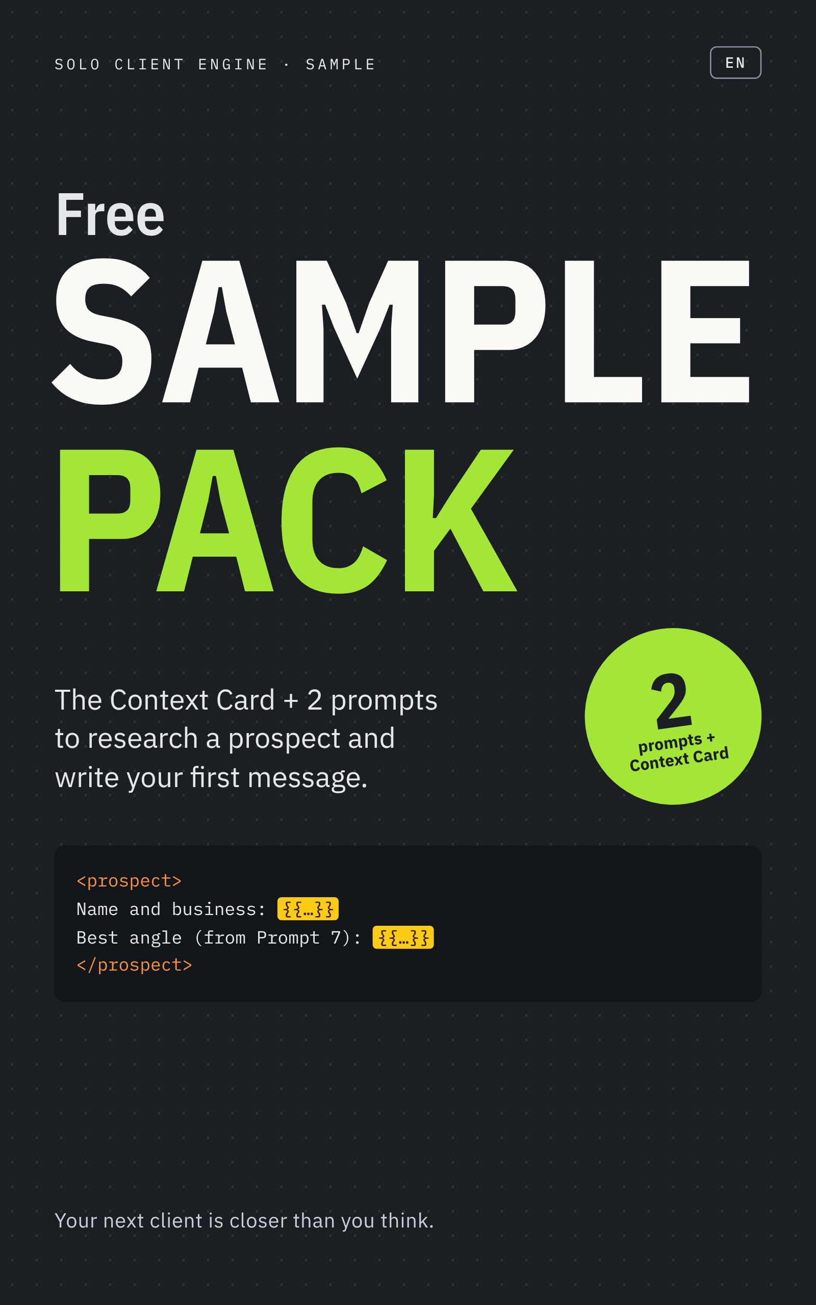 Cover of the Solo Client Engine Free Sample Pack: the Context Card plus 2 prompts